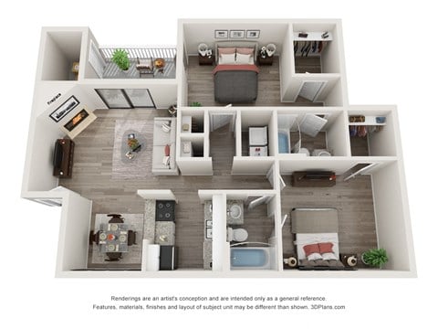 Floor plan for 2 beds, 2 baths, 1080 sqft